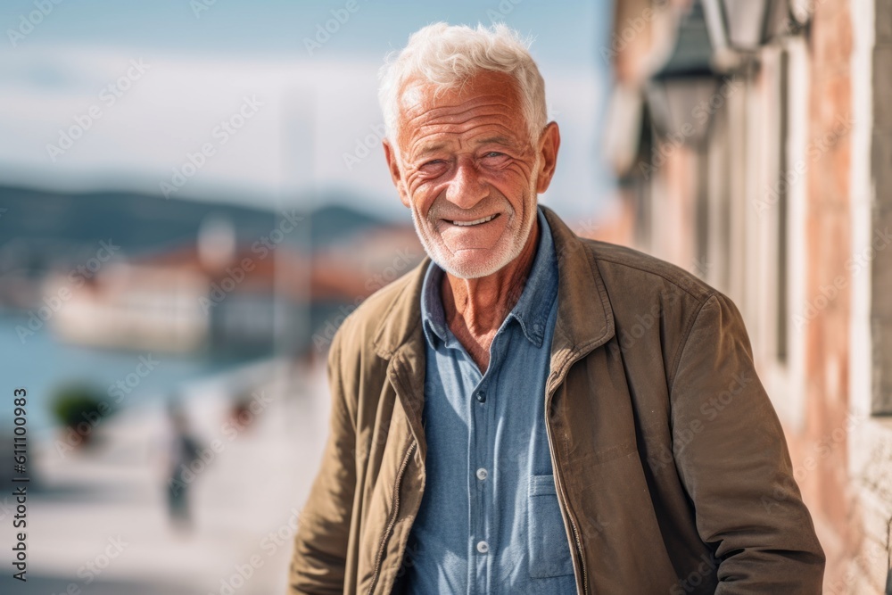 Environmental portrait photography of a grinning old man wearing comfortable jeans against a picturesque old town background. With generative AI technology
