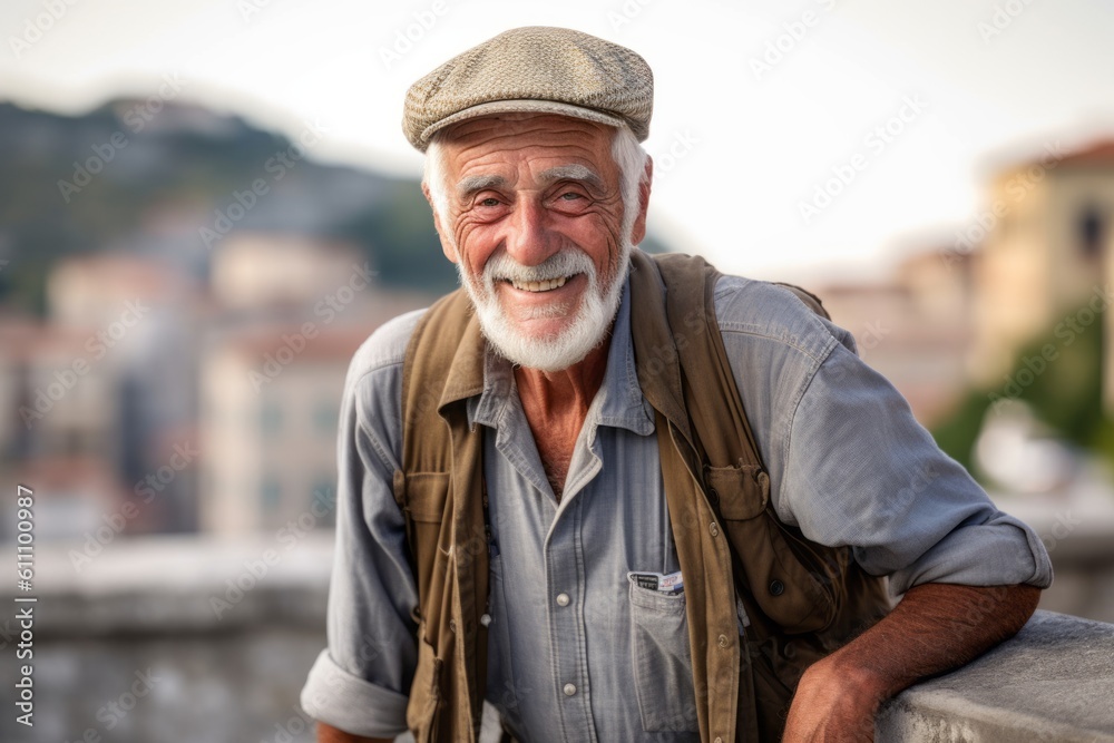 Environmental portrait photography of a grinning old man wearing comfortable jeans against a picturesque old town background. With generative AI technology