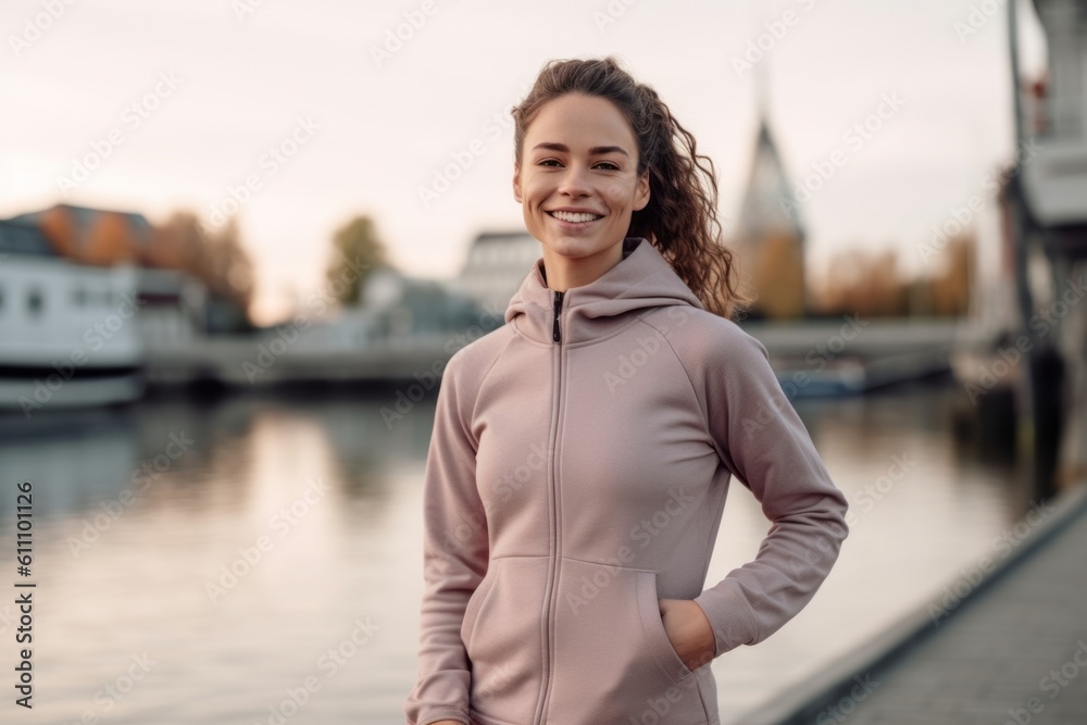 Full-length portrait photography of a joyful girl in her 30s wearing a comfortable tracksuit against a peaceful riverside walk background. With generative AI technology