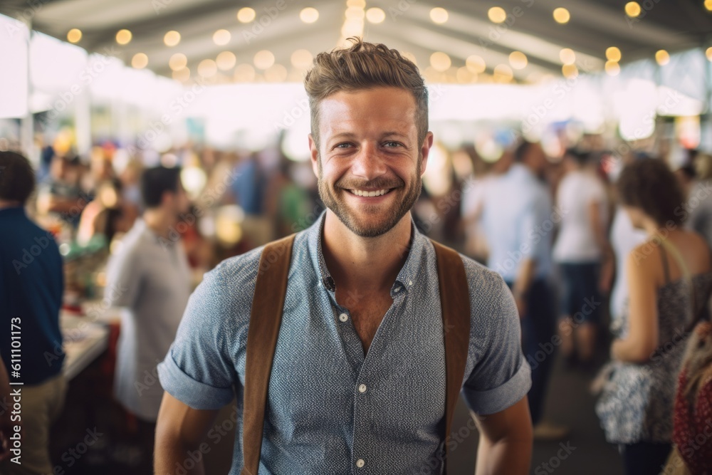 Medium shot portrait photography of a satisfied boy in his 30s wearing a classy button-up shirt against a bustling art fair background. With generative AI technology Medium shot portrait photography of a satisfied boy in his 30s wearing a classy button-up shirt against a bustling art fair background. With generative AI technology