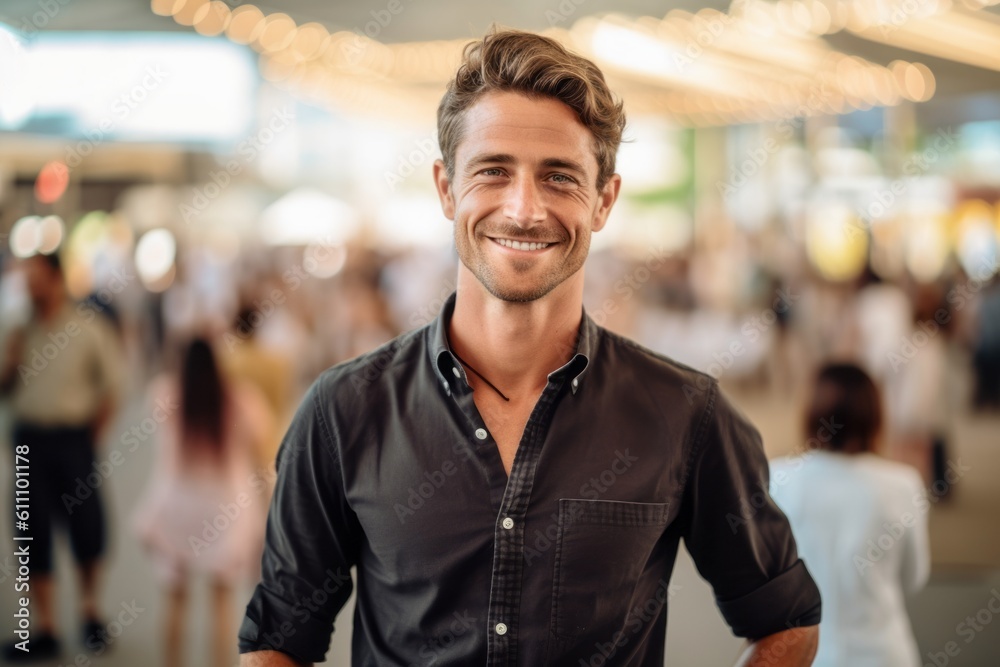 Medium shot portrait photography of a satisfied boy in his 30s wearing a classy button-up shirt against a bustling art fair background. With generative AI technology Medium shot portrait photography of a satisfied boy in his 30s wearing a classy button-up shirt against a bustling art fair background. With generative AI technology