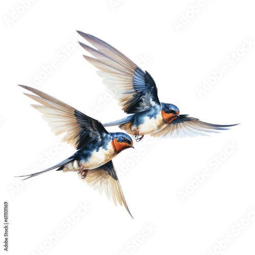  2 Elegant, Barn Swallow, in flight, love in motion, Nature-themed, photorealistic illustrations in a PNG, cutout, and isolated. Generative AI