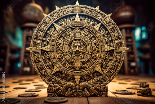 a large wooden aztec calendar with an ancient sigil, generative ai photo