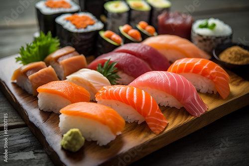 japanese meal rice food fish roll japan sushi seafood set. Generative AI.