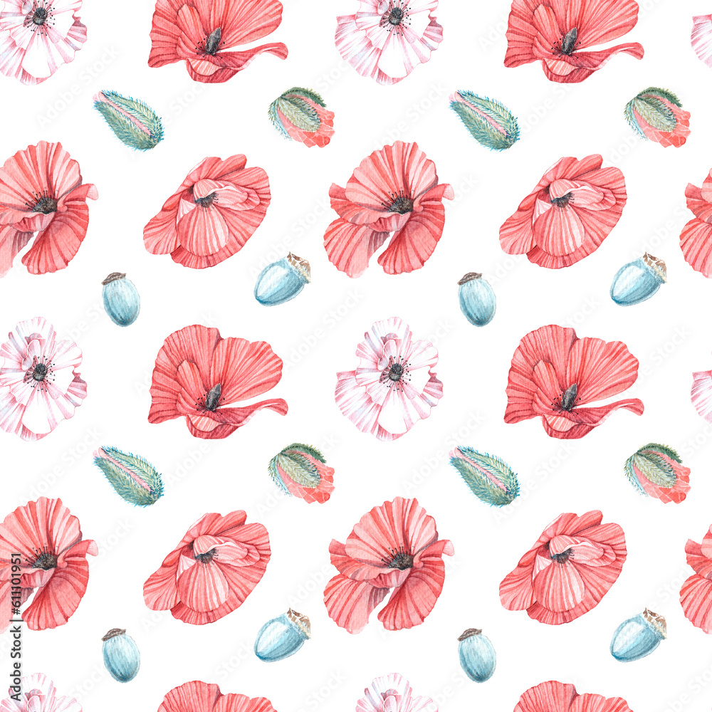 Seamless pattern of watercolor illustrations of pink-red poppy on a white background
Isolated. Handmade work.