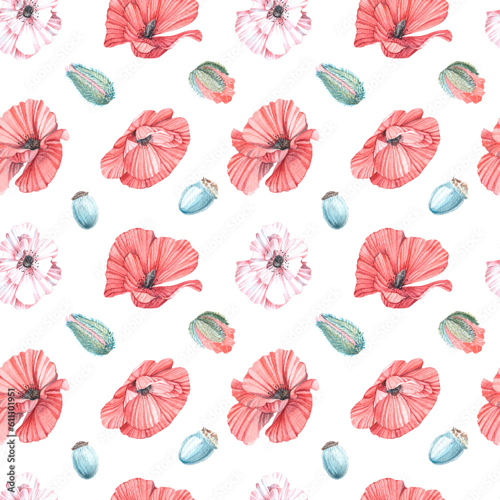 Fototapeta premium Seamless pattern of watercolor illustrations of pink-red poppy on a white background Isolated. Handmade work.
