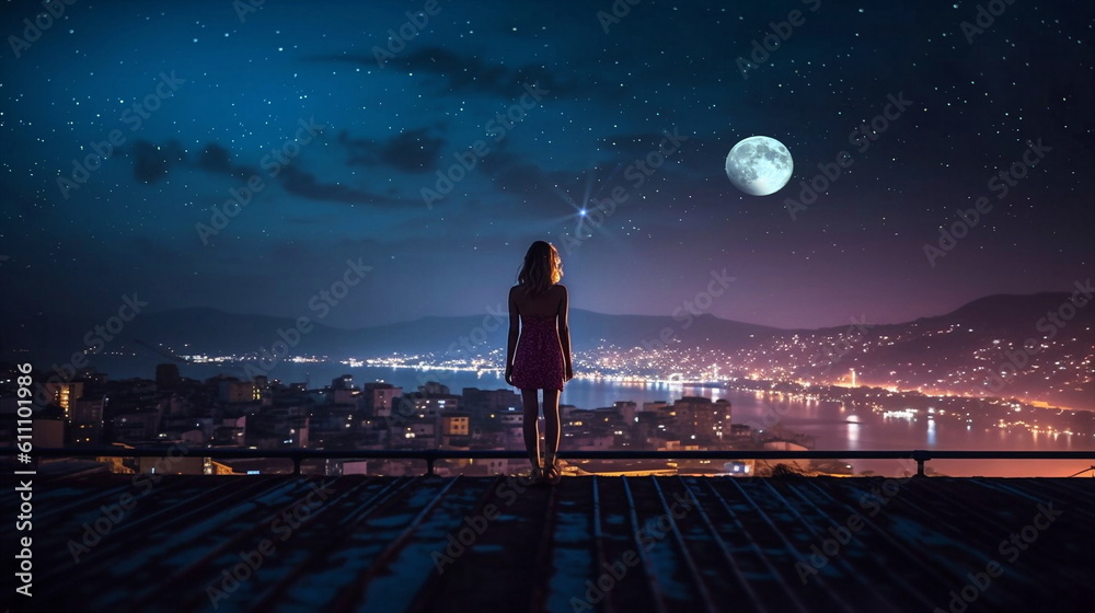 Fototapeta premium romantic man,woman,children,people standing on roof terrace and watch starry sky and moon and city blurred light on horizon romantic nature landscape,generated ai