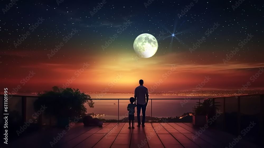  romantic man,woman,children,people standing on roof terrace and watch starry sky and moon and city blurred light on horizon romantic nature landscape,generated ai