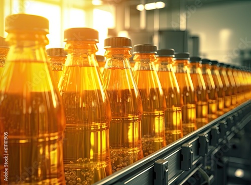 Production Line. Juice bottle conveyor created with Generative Al technology.