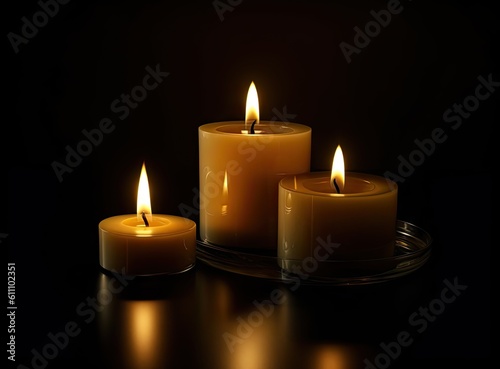 Burning candle on wooden background, elegant low-key shot with festive mood created with Generative Al technology