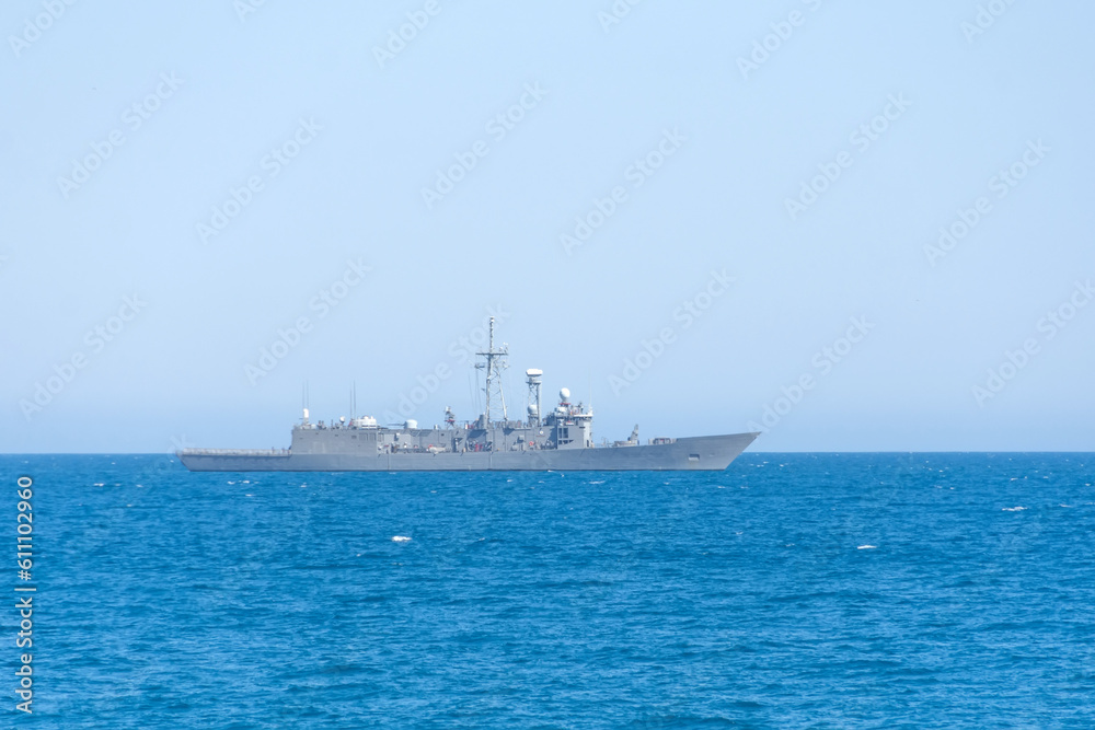 Modern military naval battleships warships, summer sunny day