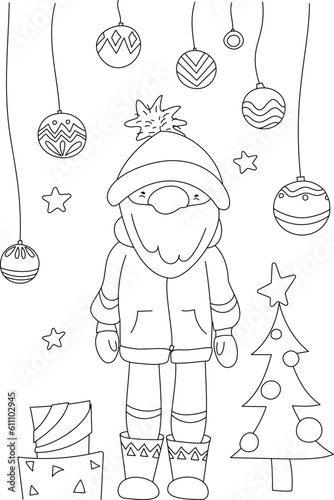 Children's Christmas coloring book. A tall Santa Claus in a short jacket stands under Christmas balls near a decorated Christmas tree.