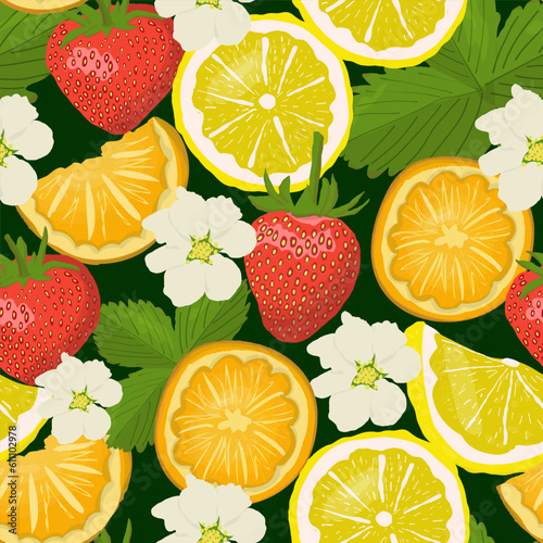 Orange, lemon, strawberry fruit seamless pattern. Vector print for textile, fabric, wrapping paper
