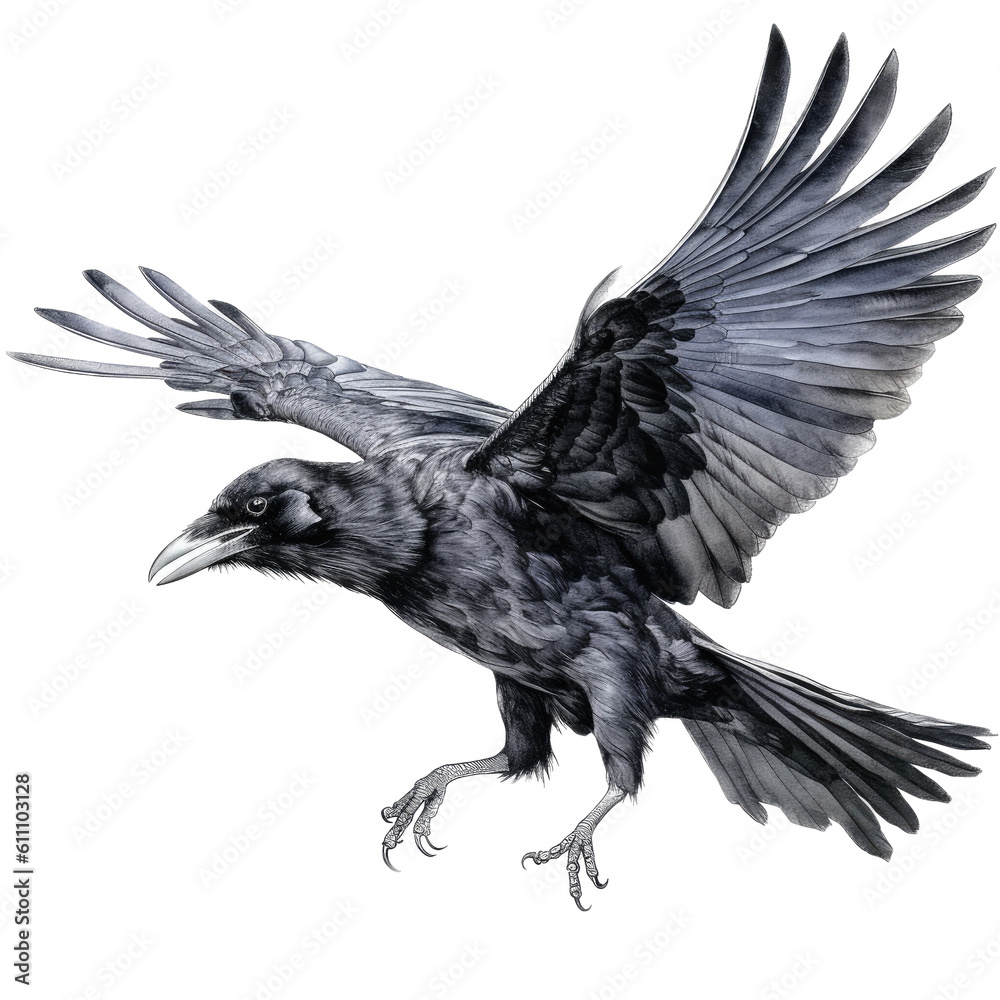 Fototapeta premium a black raven in flight, Wildlife-themed, cutout, isolated, photorealistic illustrations in a PNG. Generative AI