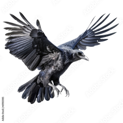 a black raven in flight, Wildlife-themed, cutout, isolated, photorealistic illustrations in a PNG. Generative AI