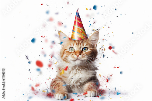Cat with birthday hat and confetti on white background. Beautiful cat with party hat. Birthday concept. Digital art