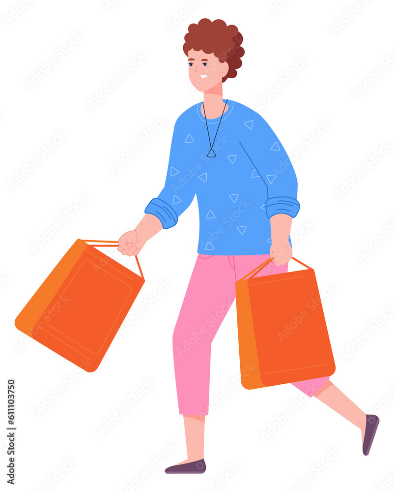 Woman walking with shopping bags. Happy customer with packages