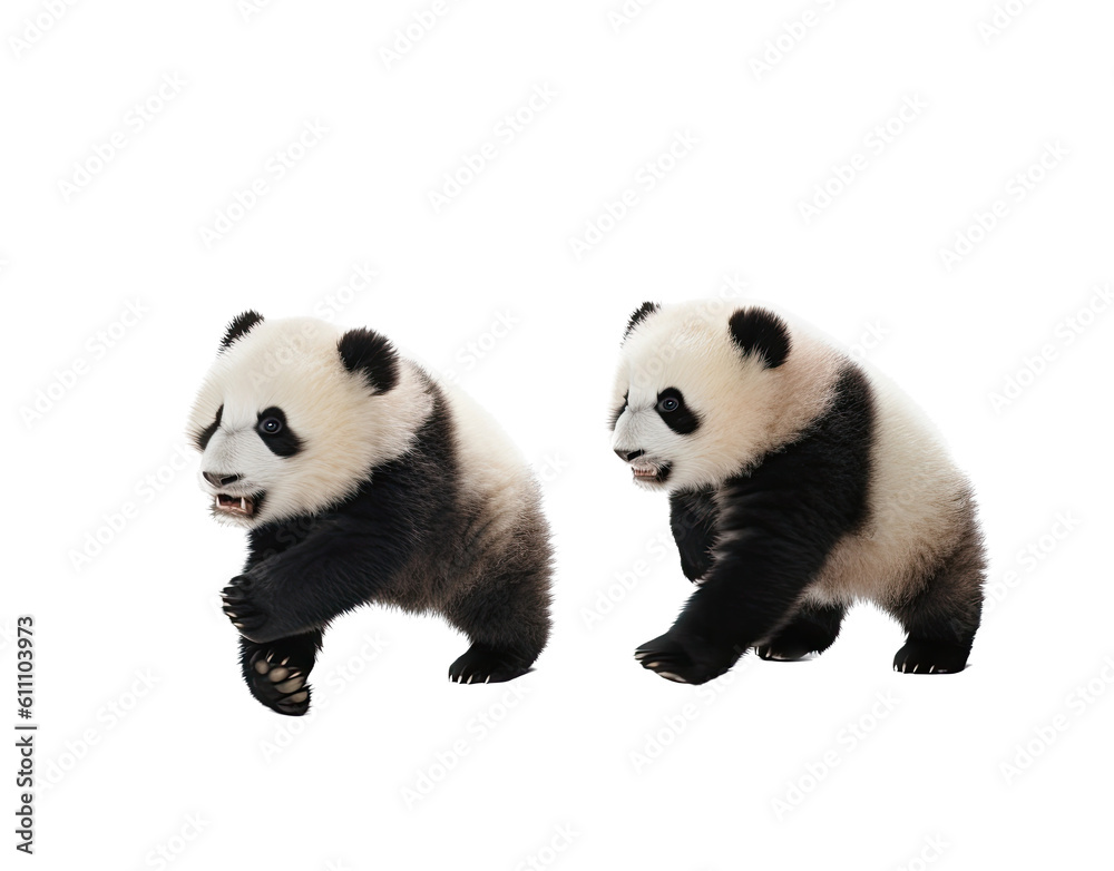 Giant Panda cubs playing in various positions in Wildlife-themed, photorealistic illustrations in a PNG, cutout, and isolated. Generative AI