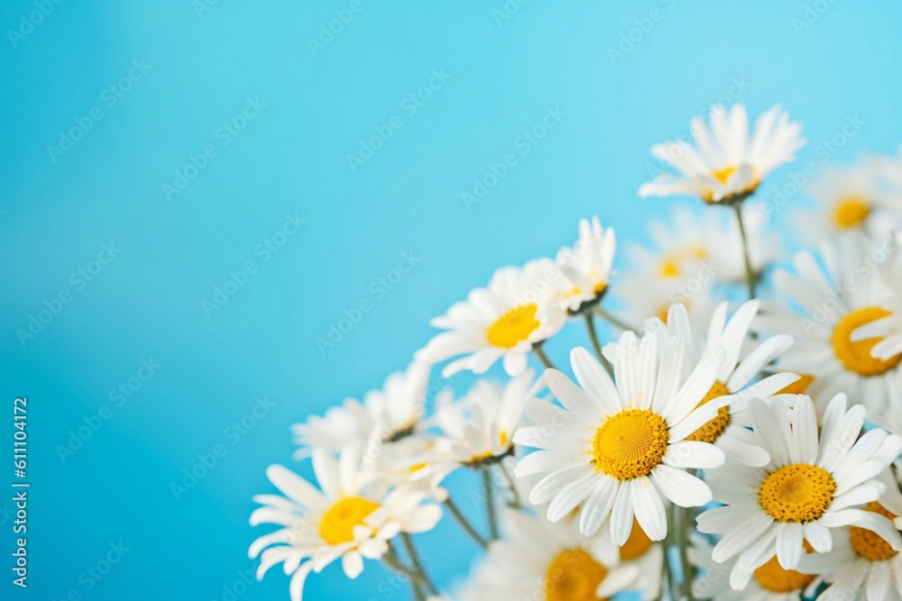 daisies on blue background. summer background with daisy and chamomile flowers. Ai generated.