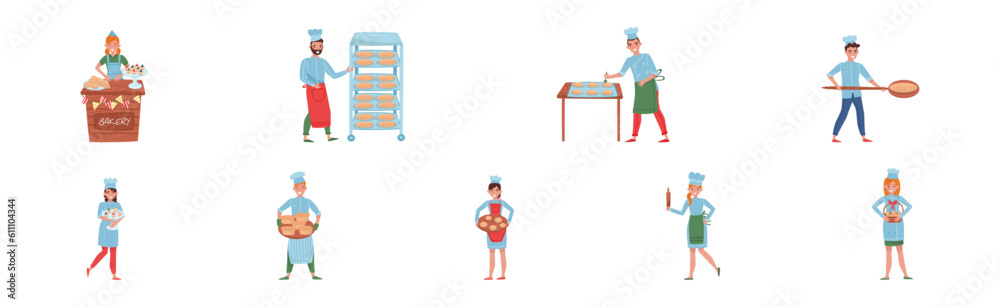 Man and Woman Baker Character in Apron and Toque Baking Bread and Pastry Vector Set Man and Woman Baker Character in Apron and Toque Baking Bread and Pastry Vector Set