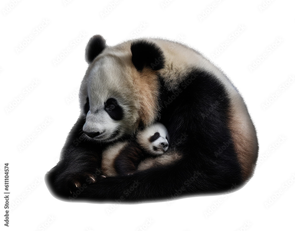 a Giant Panda bear, Momma with baby, snuggling together, Nature-themed, photorealistic illustrations in a PNG, cutout, and isolated. Generative AI a Giant Panda bear, Momma with baby, snuggling together, Nature-themed, photorealistic illustrations in a PNG, cutout, and isolated. Generative AI