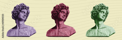 ancient sculpture of curly man in pop art style set isolated in retro halftone texture vintage dotted cut out collage elements for mixed media grunge punk