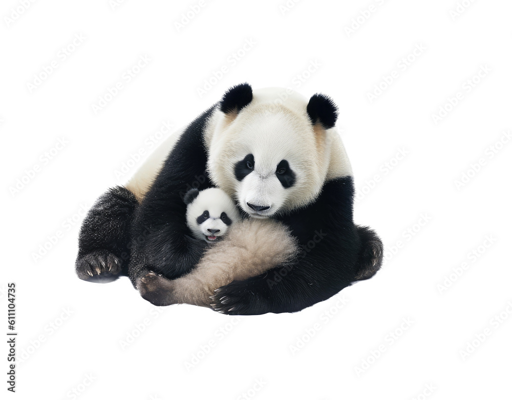 a Giant Panda bear, Momma with baby, snuggling together, Nature-themed, photorealistic illustrations in a PNG, cutout, and isolated. Generative AI a Giant Panda bear, Momma with baby, snuggling together, Nature-themed, photorealistic illustrations in a PNG, cutout, and isolated. Generative AI