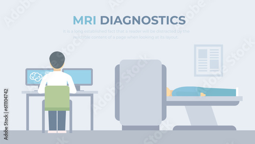 MRI diagnostics. A patient in a magnetic resonance tomograph. The doctor diagnoses patient's condition in the mri machine. Medical vector concept. 