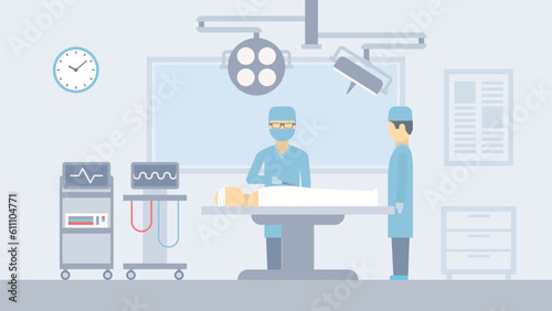Surgery, doctor operating on a patient, hospital, surgeon, treatment, medecine concept illustration. 