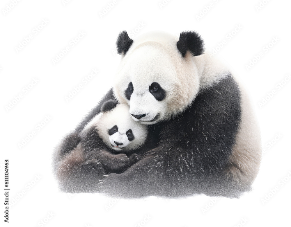 a Giant Panda bear, Momma with baby, snuggling together, Nature-themed, photorealistic illustrations in a PNG, cutout, and isolated. Generative AI