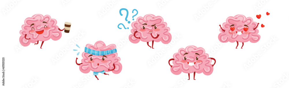 Naklejka premium Pink Humanized Brain with Various Emotions Vector Set