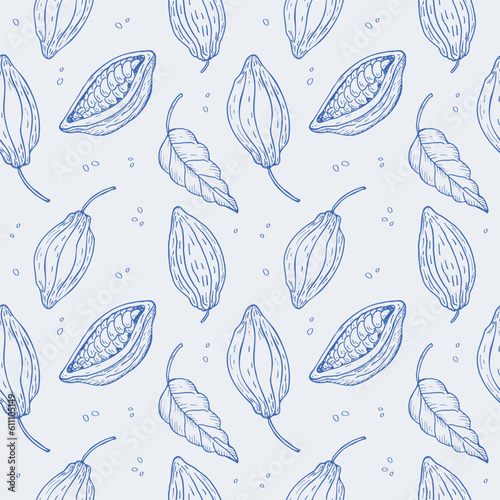 Cocoa plant seamless pattern. Hand drawn illustration of cocoa beans, leaves, cocoa tree. Design element floral motif repeating background. Ornament for fabric, paper, card, wrapping. 