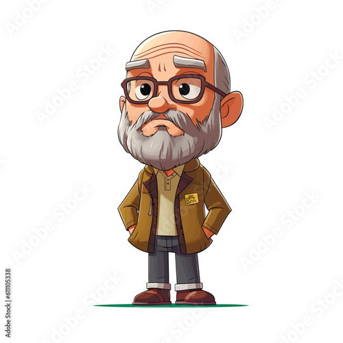 A cartoon, a balding man with a gray beard and mustache, stands, in full growth. Senior man with beard. Vector illustration isolated on white background.