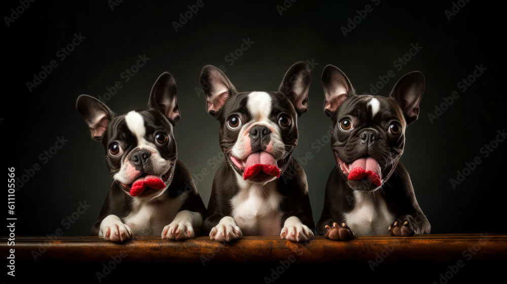 studio shot of 3 cute Boston Terrier dogs catching treats on an isolated background. Generative AI