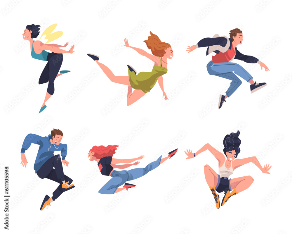 Jumping People Character Feeling Freedom and Motion Flying in Mid Air Vector Illustration Set