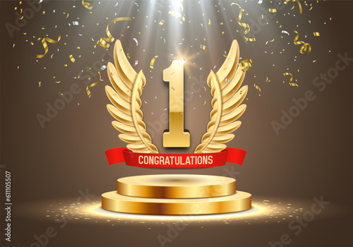 Winner award. Number one. Golden wings and red ribbon on podium with falling confetti. Vector illustration.