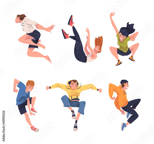 Jumping People Character Feeling Freedom and Motion Flying in Mid Air Vector Illustration Set