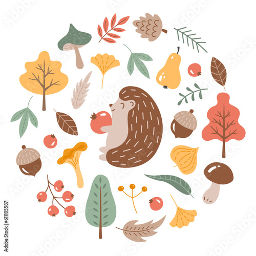 Fall season design elements. Forest natural collection. Autumn icons set consists of hedgehog, trees, mushrooms, leaves, berry, acorn and pear. Vector round illustration on white background. 