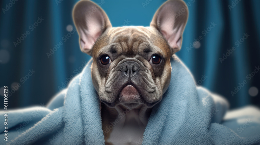 Cozy Relaxation: Laundered French Bulldog Embraces Restful Bliss in Spa Studio Setting. Generative AI