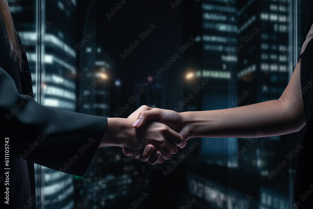 Business and financial concept. Two businesswomen handshake in cityscape background. Generative AI