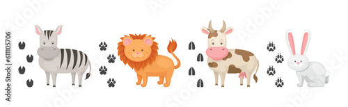 Funny Animals and Their Footprints Nearby Vector Set
