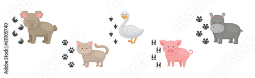 Funny Animals and Their Footprints Nearby Vector Set