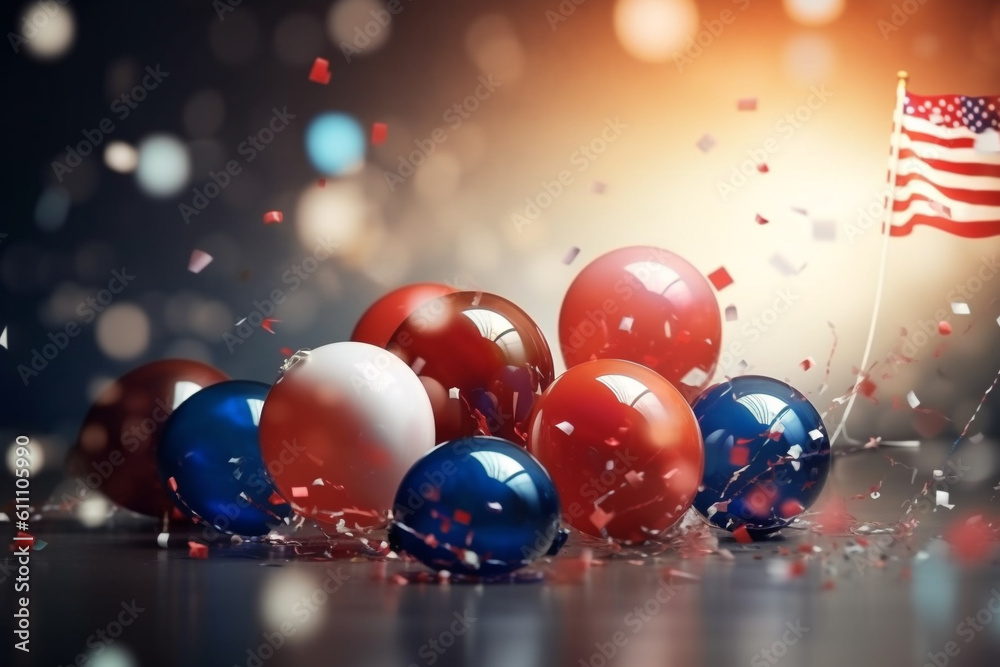 Memorial day, Independence day, 4th of July, labor day concept. Festive background in USA flag colors, balloons, confetti and copy space. Generative AI