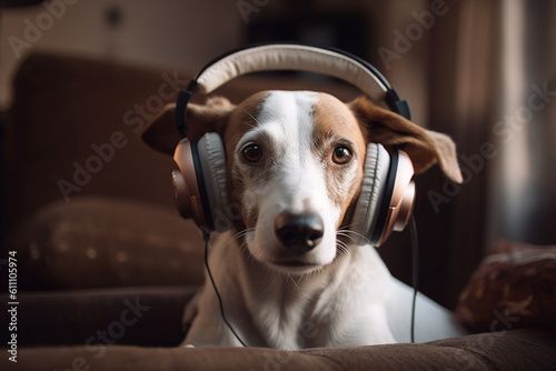 Funny cute dog listening to music wearing headphones. Ai generated © dragomirescu