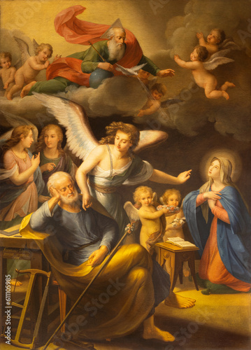 NAPLES, ITALY - APRIL 24, 2023: The painting of Apparition of angel to St. Joseph in the dream in the church Chiesa di Santa Maria in Portico a Chiaia Francesco Verini (1794).