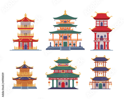 Pagoda as Chinese Tiered Tower with Multiple Eaves and Traditional Building Vector Illustration Set