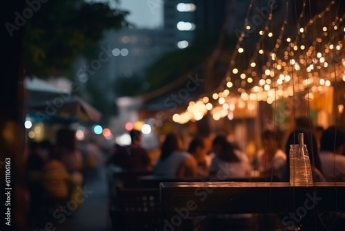 Leisure, travel, vacation concept. Bokeh background of street bar or restaurant outdoor. People sitting and chill, hang out, taking dinner and listen music. Blurred bokeh background. Generative AI photo