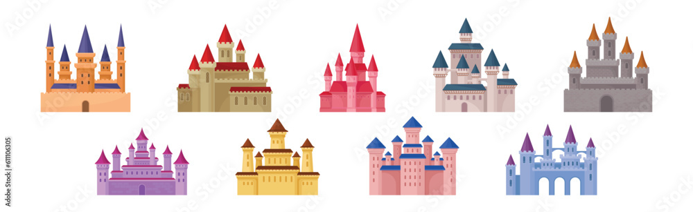 Colorful Medieval Castle with Stone Wall and Tall Towers Vector Set
