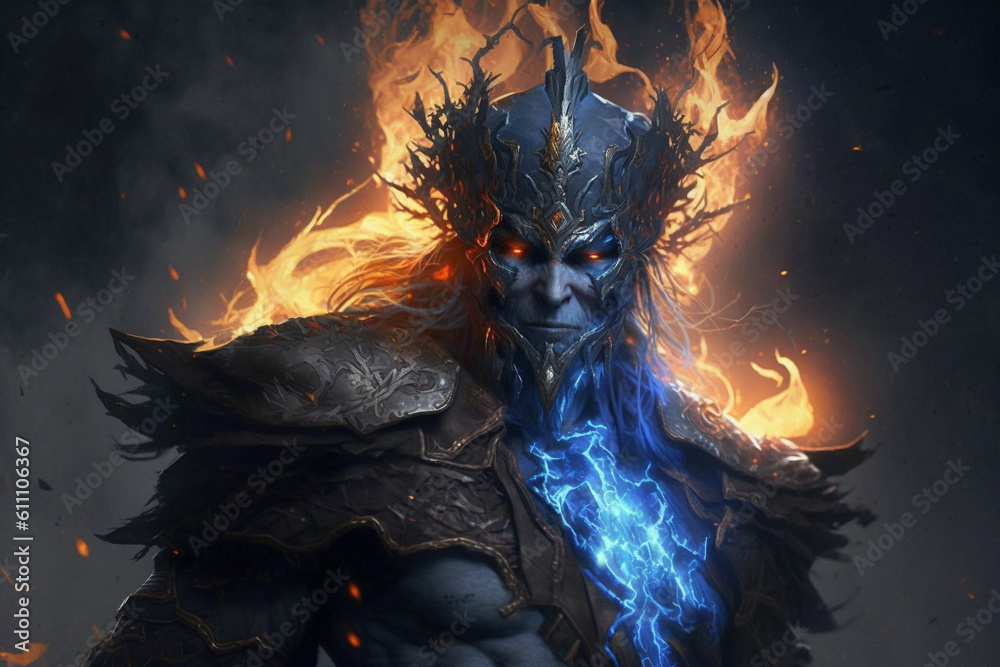 Impressive scary warrior king character with fire. Ai generated Impressive scary warrior king character with fire. Ai generated