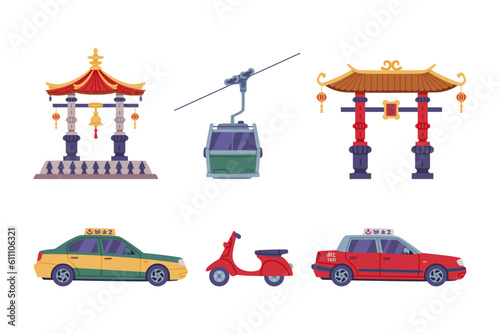 Chinese Transportation and Construction with Torii Gate, Taxi, Moped and Funicular Vector Illustration Set